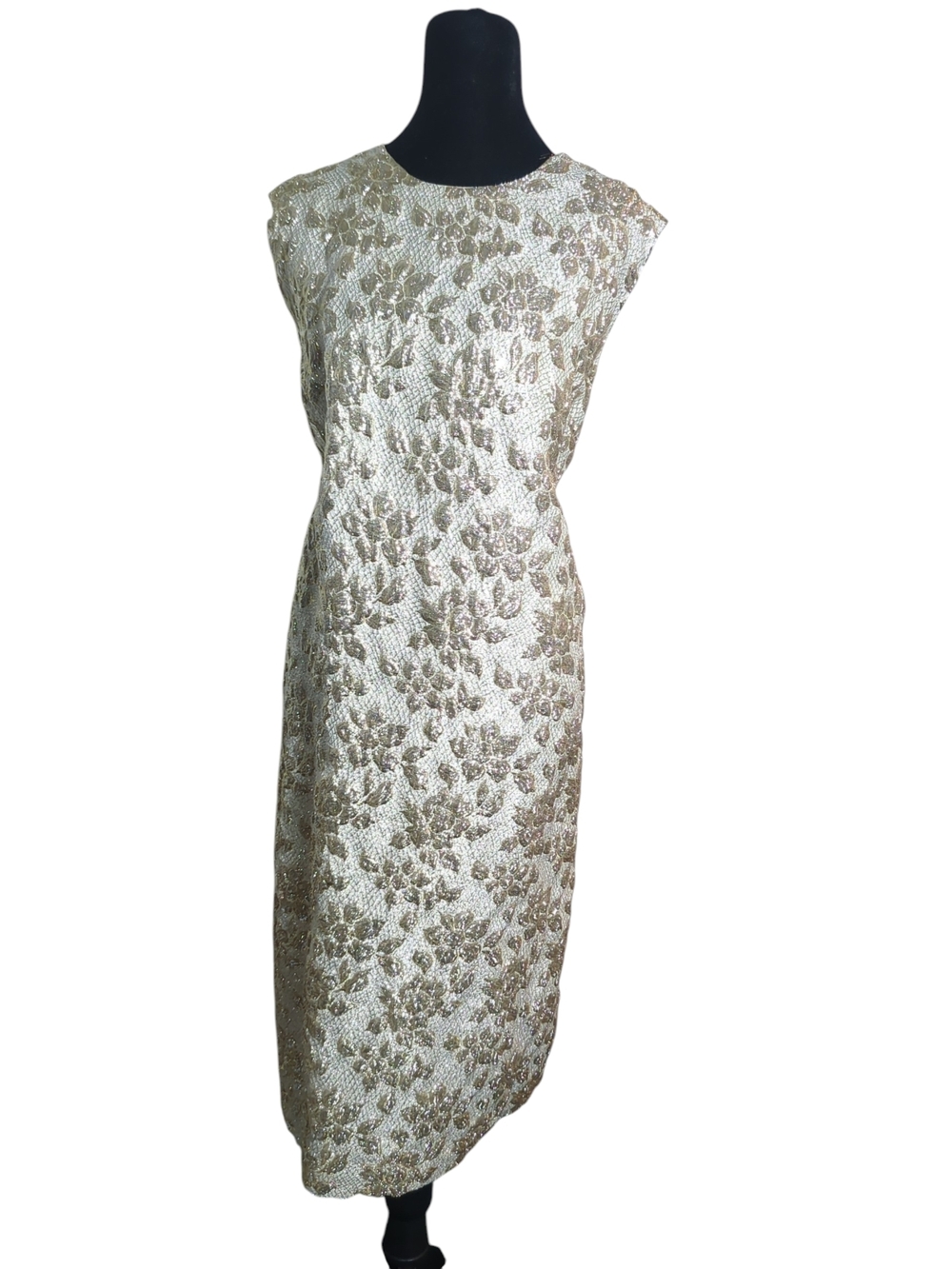 True Vintage 60s Gold Metallic Brocade Floral Sheath Cocktail Dress Vtg Sizing
